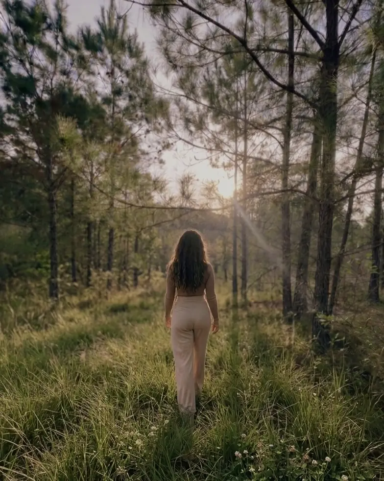 Paisaje natural con una figura femenina caminando entre árboles al atardecer
